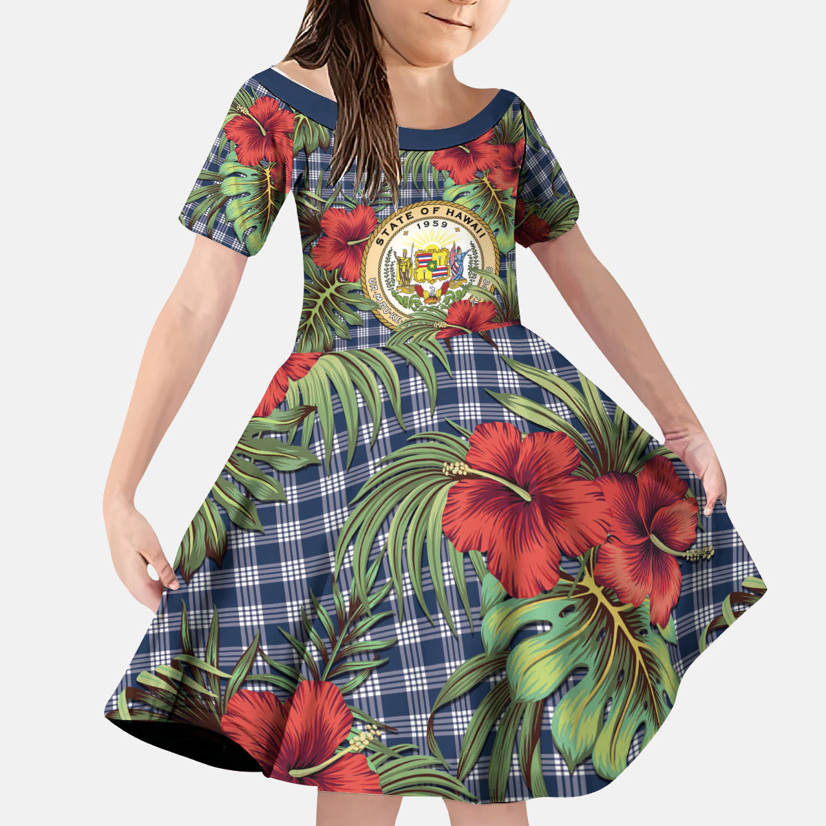 Vintage Hawaii Hibiscus Palaka Kid Short Sleeve Dress Navy Color