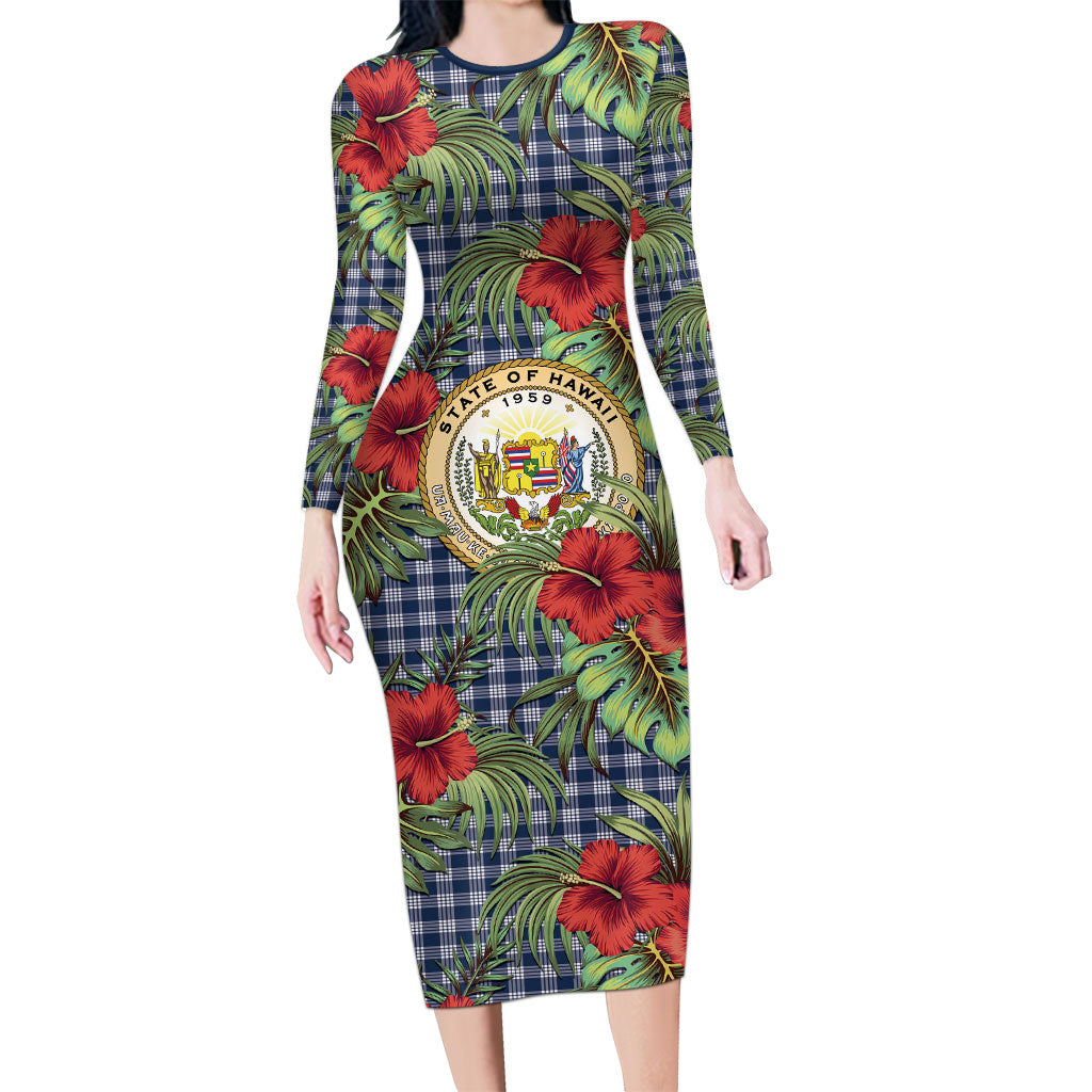 Vintage Hawaii Hibiscus Palaka Long Sleeve Bodycon Dress Navy Color