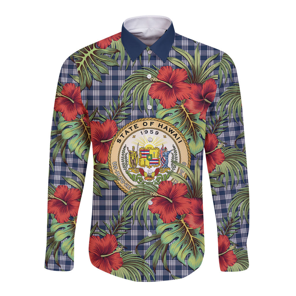 Vintage Hawaii Hibiscus Palaka Long Sleeve Button Shirt Navy Color