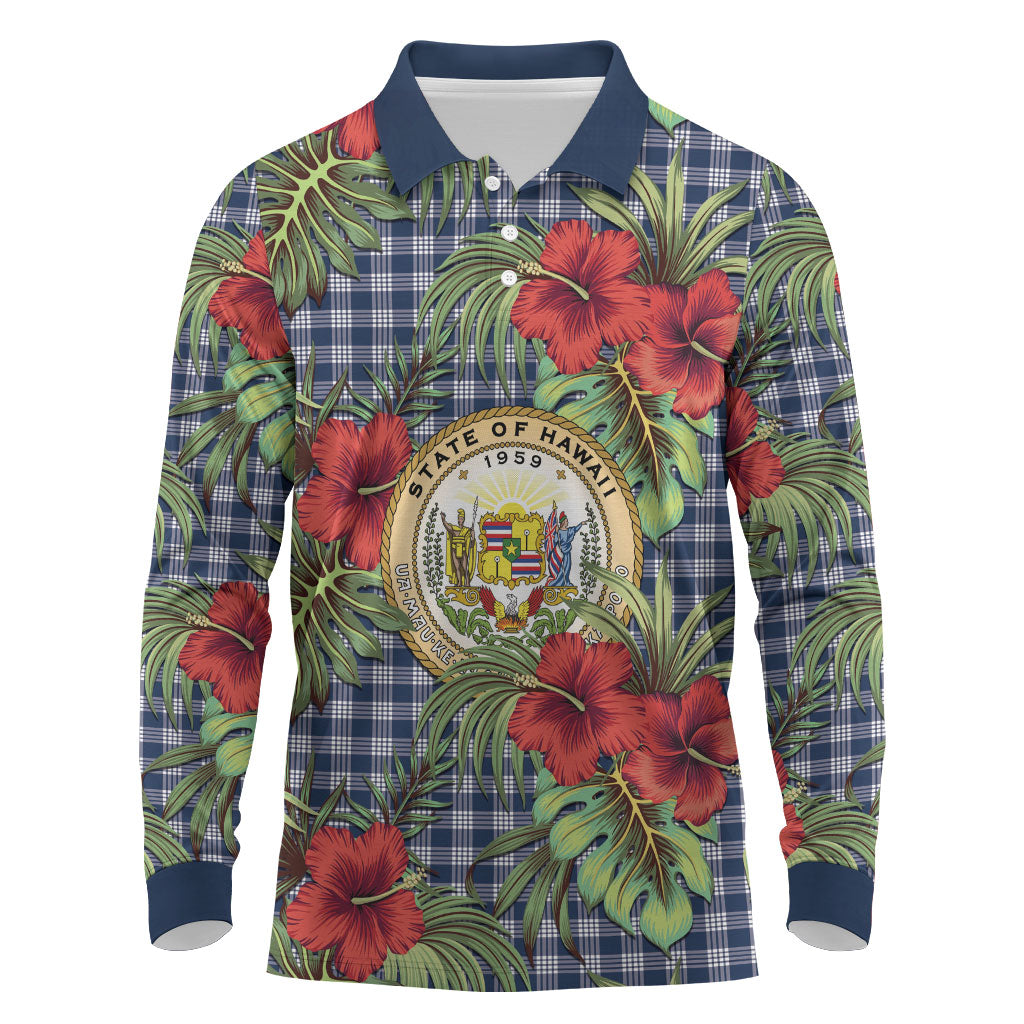Vintage Hawaii Hibiscus Palaka Long Sleeve Polo Shirt Navy Color