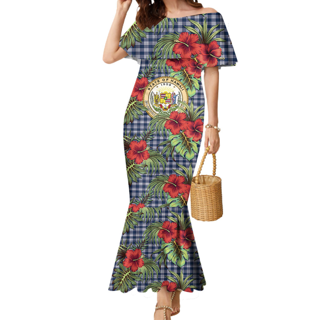 Vintage Hawaii Hibiscus Palaka Mermaid Dress Navy Color
