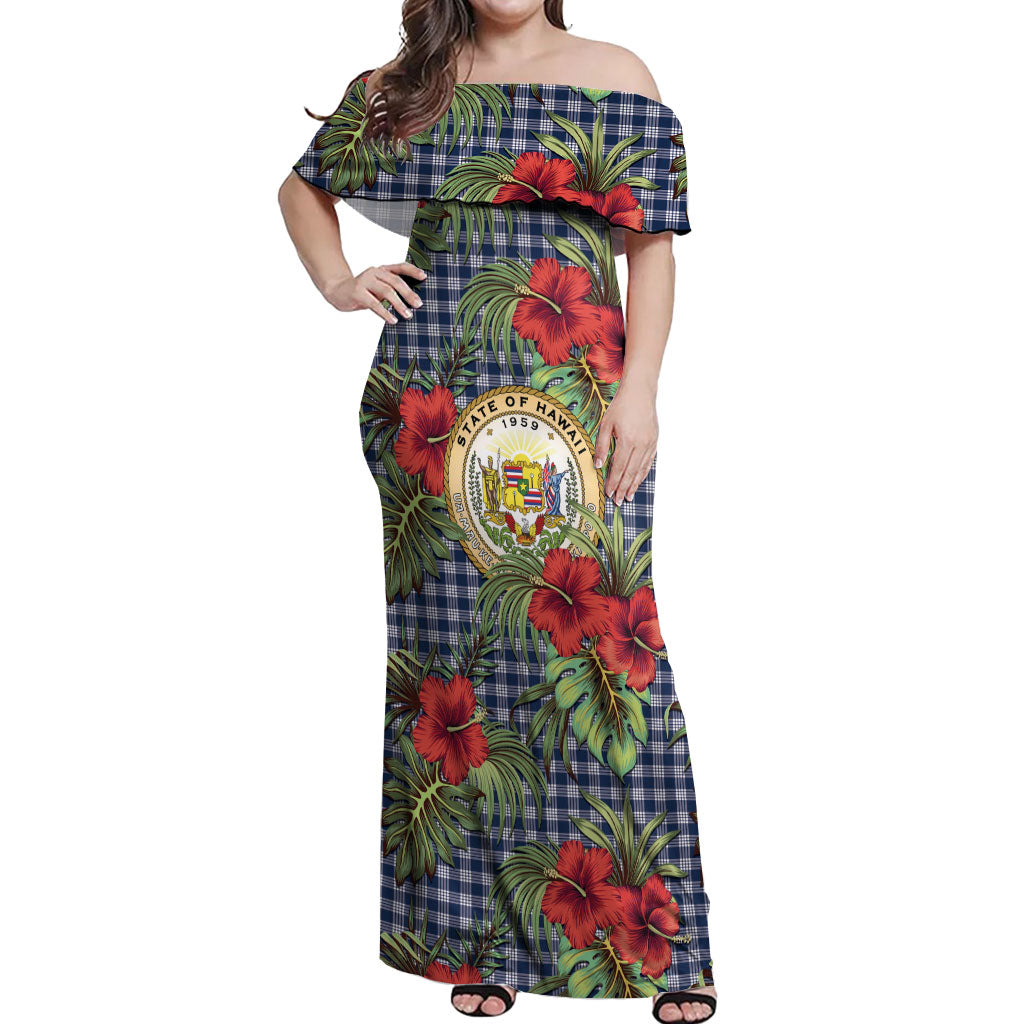 Vintage Hawaii Hibiscus Palaka Off Shoulder Maxi Dress Navy Color