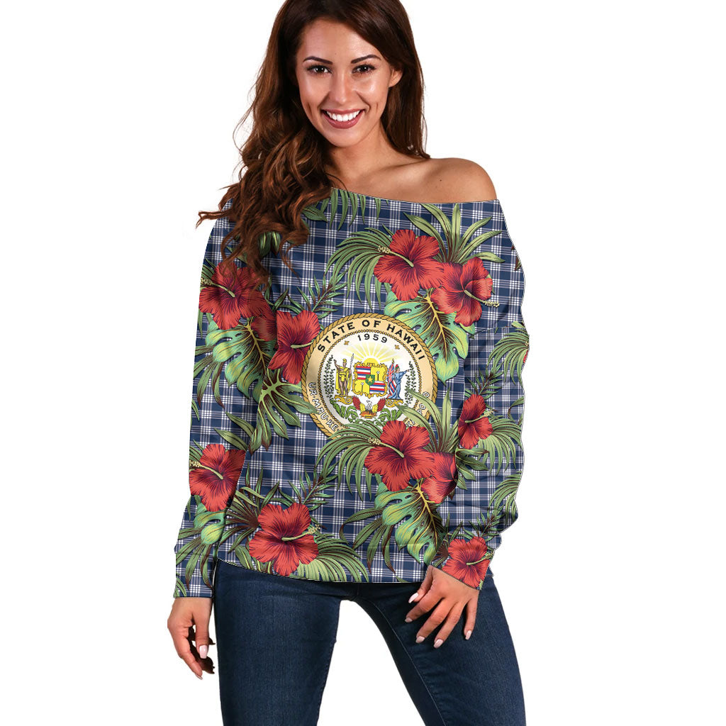 Vintage Hawaii Hibiscus Palaka Off Shoulder Sweater Navy Color