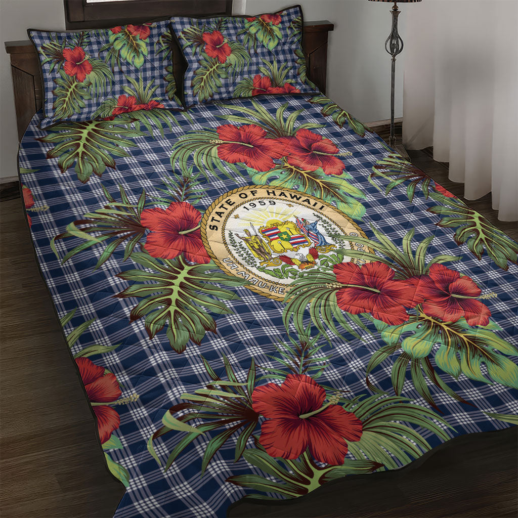 Vintage Hawaii Hibiscus Palaka Quilt Bed Set Navy Color