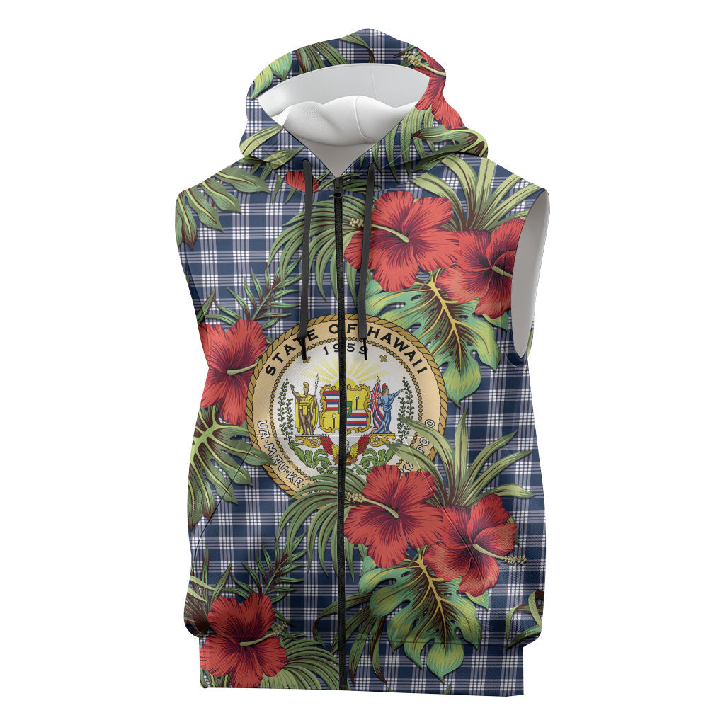 Vintage Hawaii Hibiscus Palaka Sleeveless Zip Hoodie Navy Color