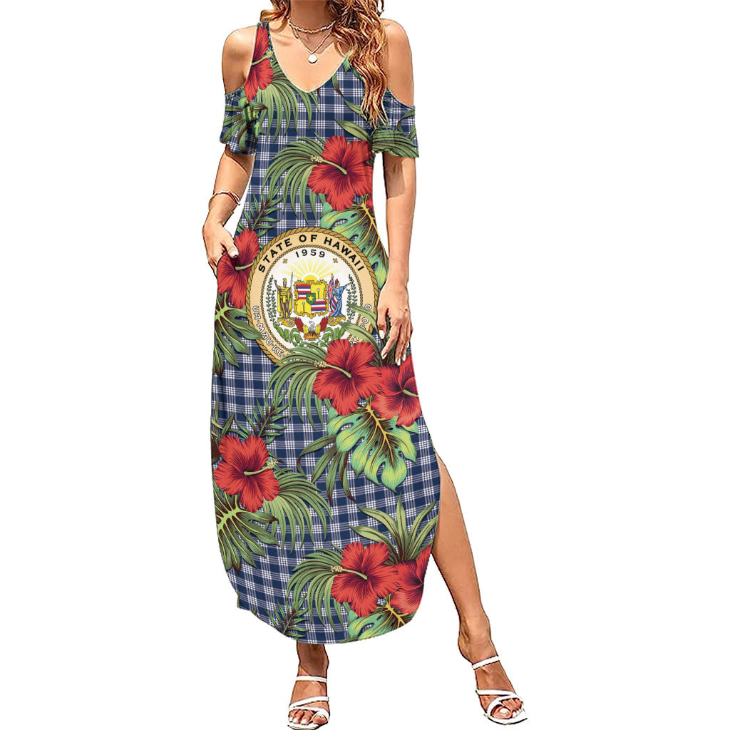 Vintage Hawaii Hibiscus Palaka Summer Maxi Dress Navy Color