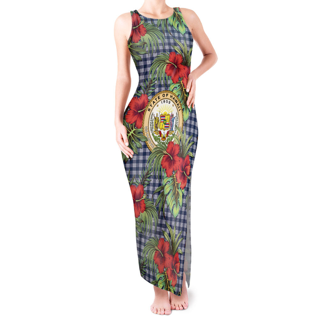 Vintage Hawaii Hibiscus Palaka Tank Maxi Dress Navy Color