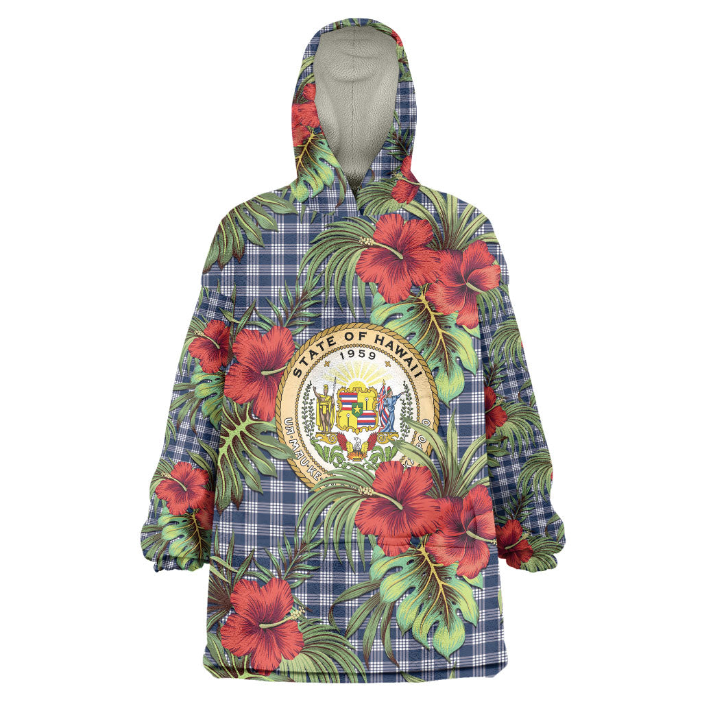 Vintage Hawaii Hibiscus Palaka Wearable Blanket Hoodie Navy Color