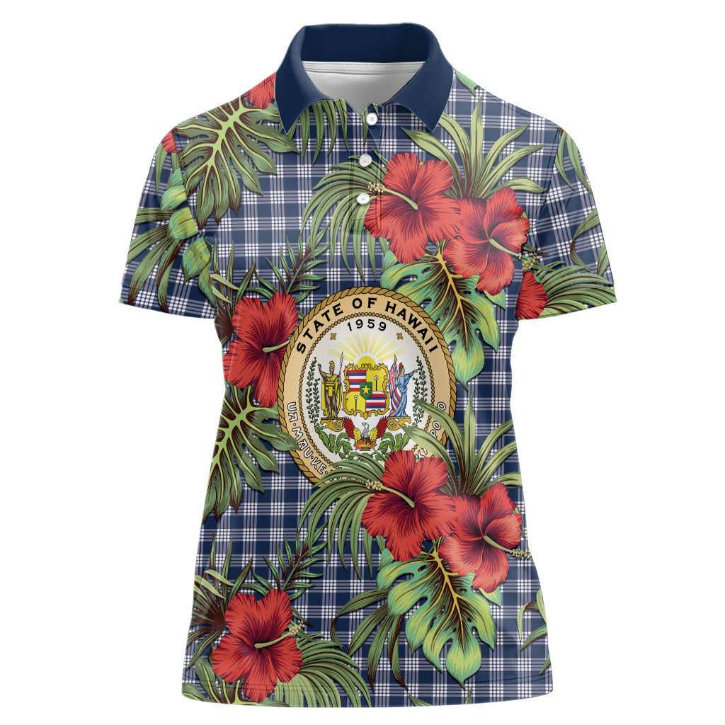 Vintage Hawaii Hibiscus Palaka Women Polo Shirt Navy Color