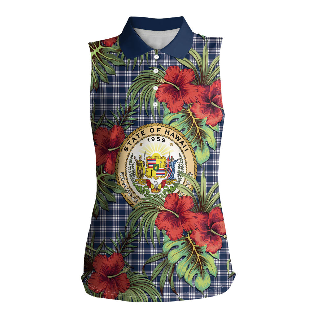 Vintage Hawaii Hibiscus Palaka Women Sleeveless Polo Shirt Navy Color