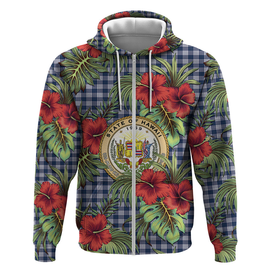 Vintage Hawaii Hibiscus Palaka Zip Hoodie Navy Color