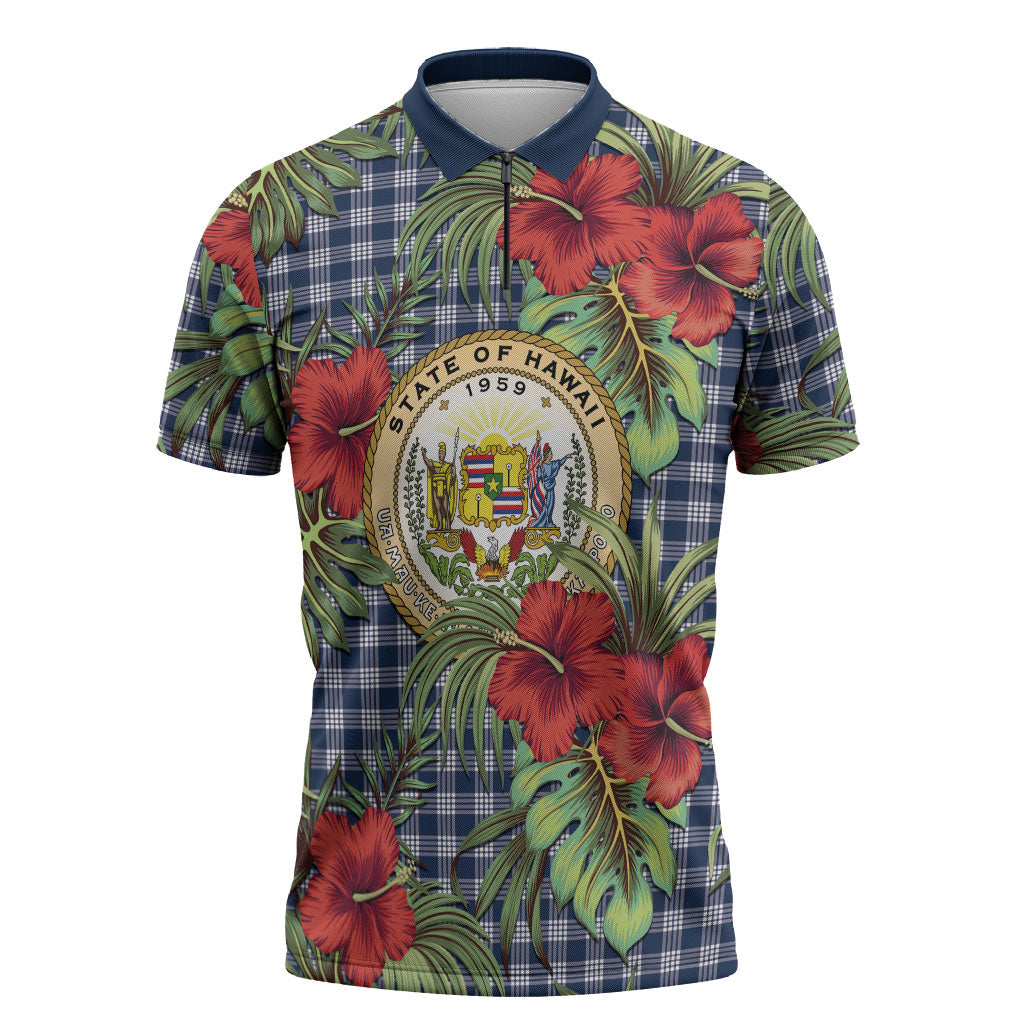 Vintage Hawaii Hibiscus Palaka Zipper Polo Shirt Navy Color