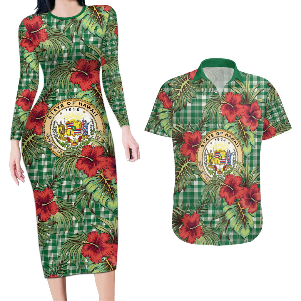 Vintage Hawaii Hibiscus Palaka Couples Matching Long Sleeve Bodycon Dress and Hawaiian Shirt Green Color