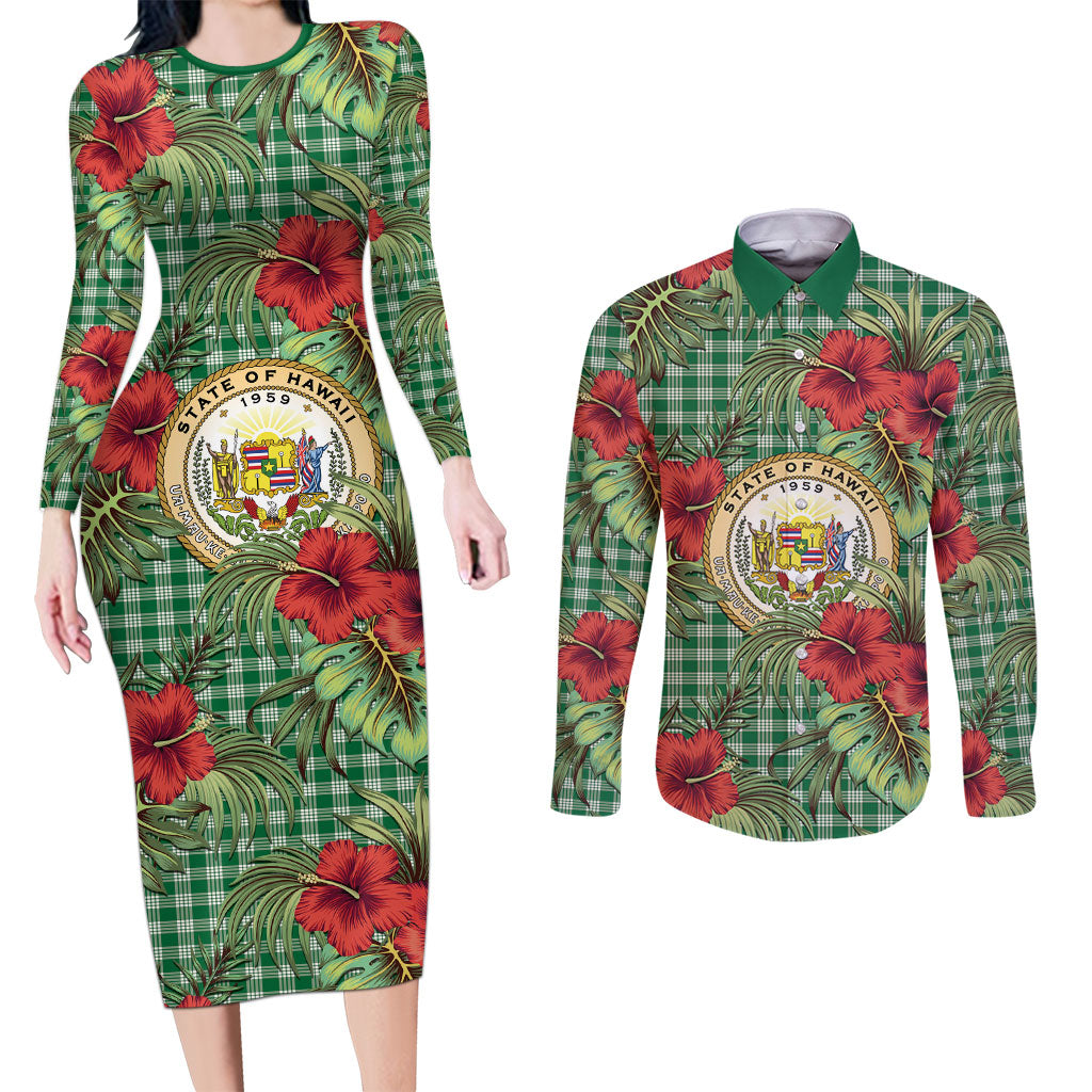 Vintage Hawaii Hibiscus Palaka Couples Matching Long Sleeve Bodycon Dress and Long Sleeve Button Shirt Green Color