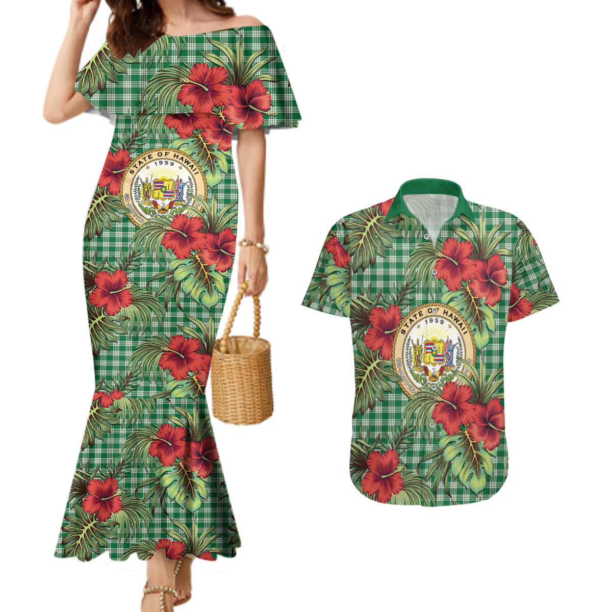 Vintage Hawaii Hibiscus Palaka Couples Matching Mermaid Dress and Hawaiian Shirt Green Color