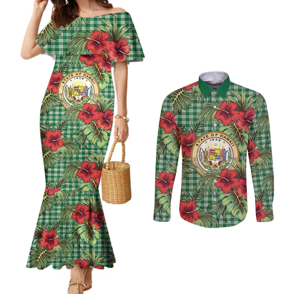 Vintage Hawaii Hibiscus Palaka Couples Matching Mermaid Dress and Long Sleeve Button Shirt Green Color