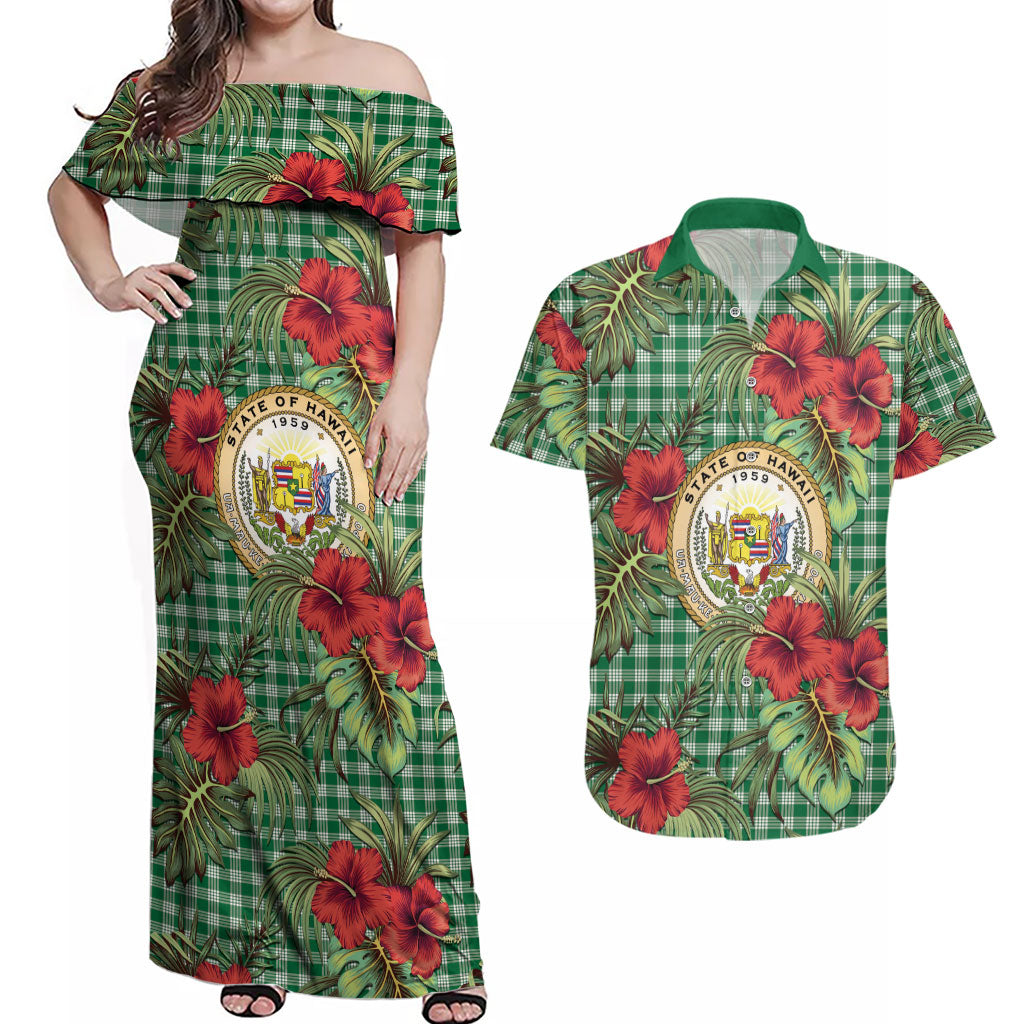 Vintage Hawaii Hibiscus Palaka Couples Matching Off Shoulder Maxi Dress and Hawaiian Shirt Green Color