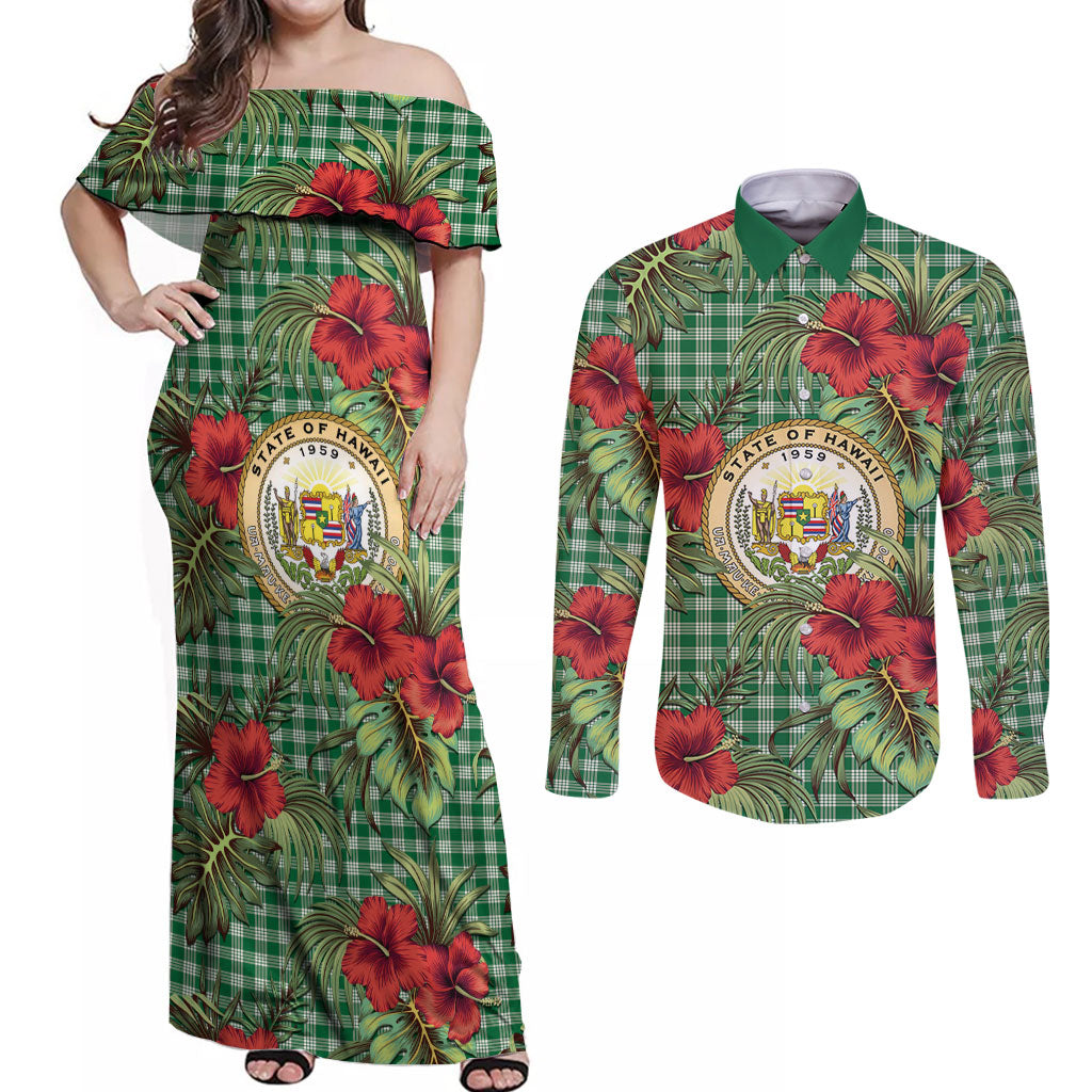 Vintage Hawaii Hibiscus Palaka Couples Matching Off Shoulder Maxi Dress and Long Sleeve Button Shirt Green Color