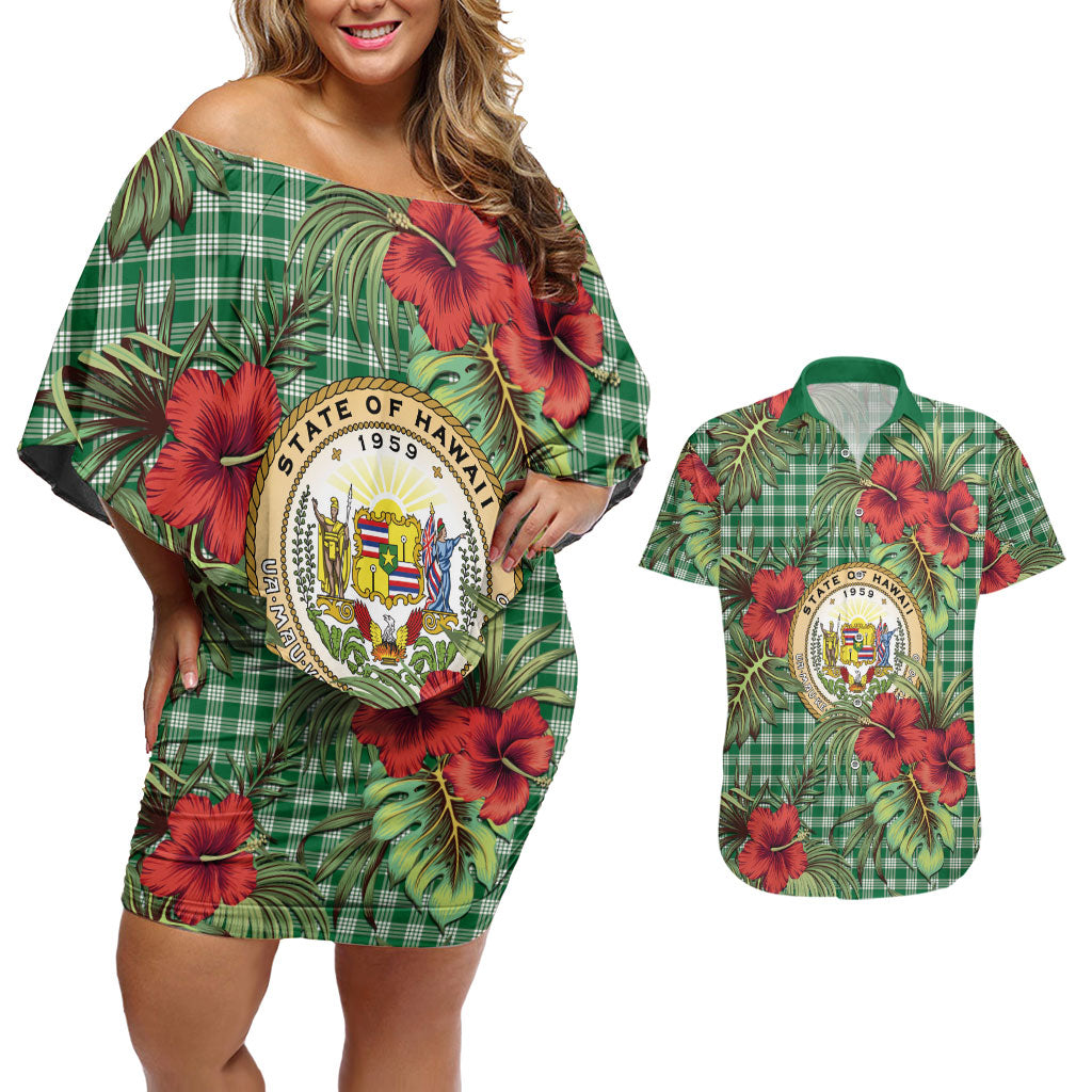 Vintage Hawaii Hibiscus Palaka Couples Matching Off Shoulder Short Dress and Hawaiian Shirt Green Color