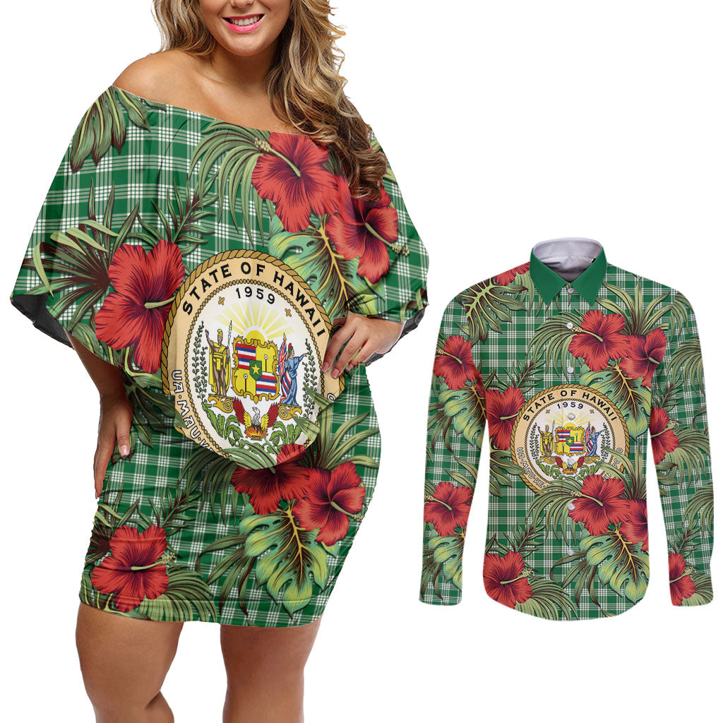 Vintage Hawaii Hibiscus Palaka Couples Matching Off Shoulder Short Dress and Long Sleeve Button Shirt Green Color