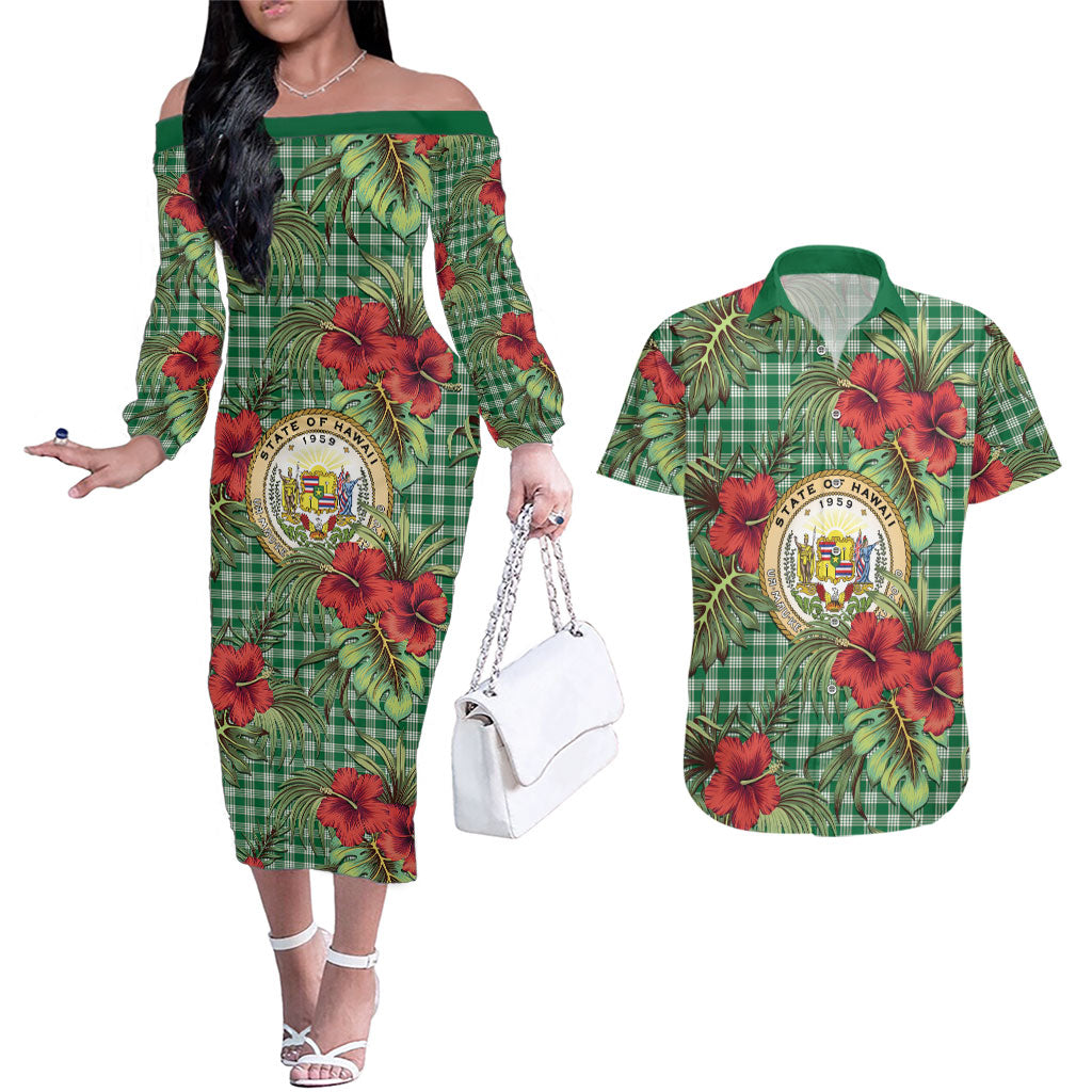 Vintage Hawaii Hibiscus Palaka Couples Matching Off The Shoulder Long Sleeve Dress and Hawaiian Shirt Green Color