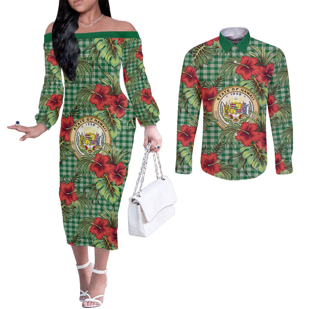 Vintage Hawaii Hibiscus Palaka Couples Matching Off The Shoulder Long Sleeve Dress and Long Sleeve Button Shirt Green Color