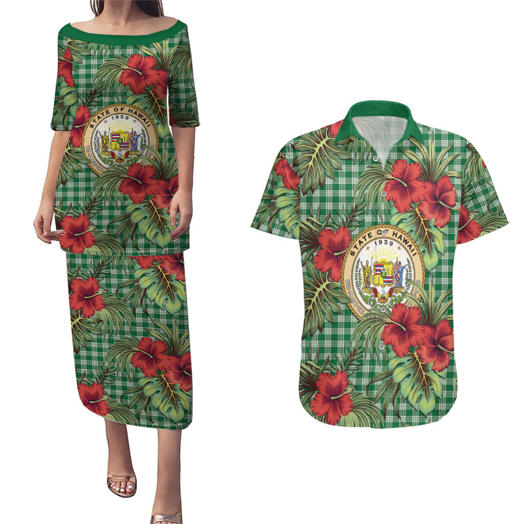 Vintage Hawaii Hibiscus Palaka Couples Matching Puletasi and Hawaiian Shirt Green Color