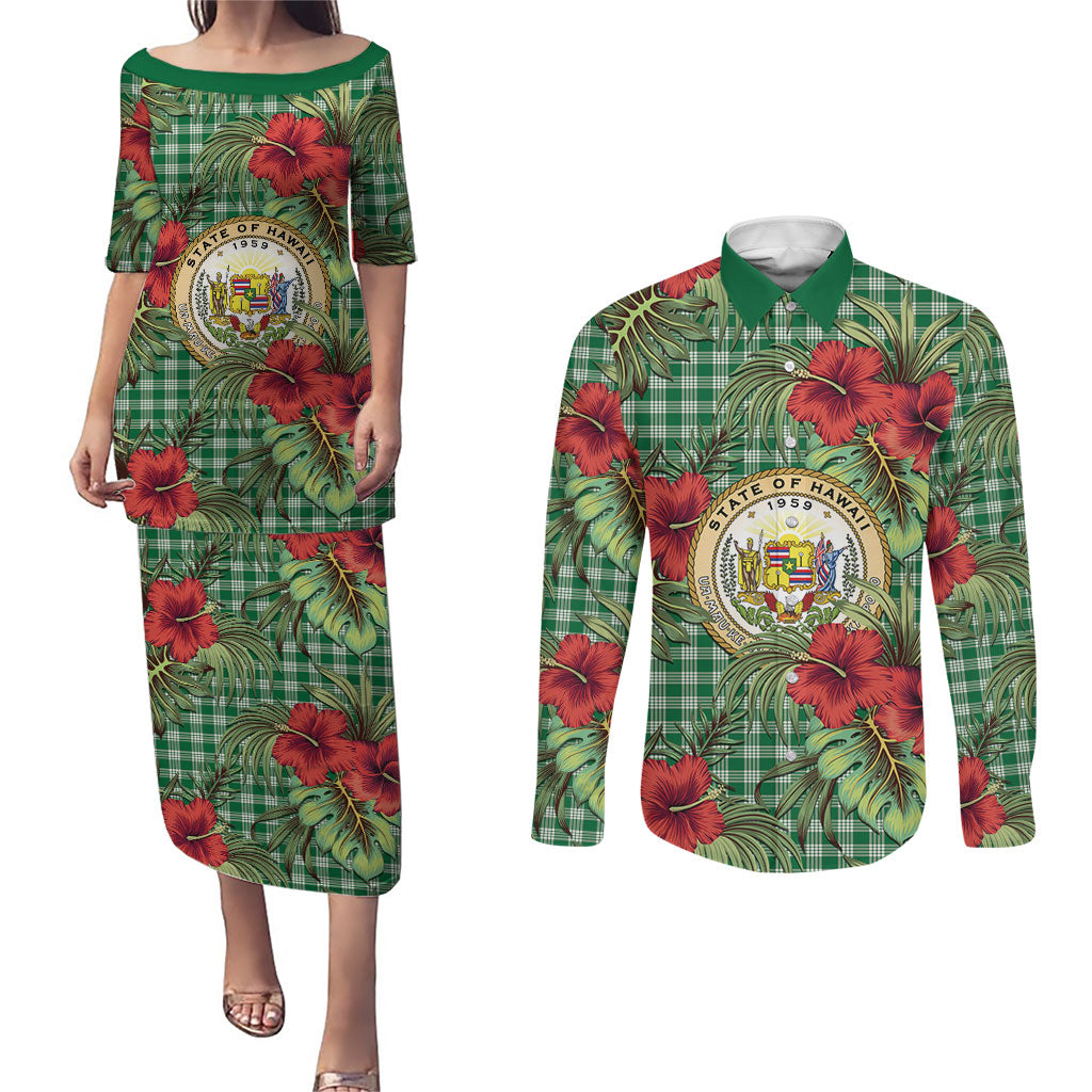 Vintage Hawaii Hibiscus Palaka Couples Matching Puletasi and Long Sleeve Button Shirt Green Color