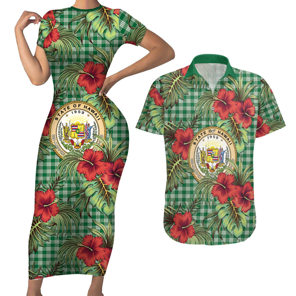 Vintage Hawaii Hibiscus Palaka Couples Matching Short Sleeve Bodycon Dress and Hawaiian Shirt Green Color