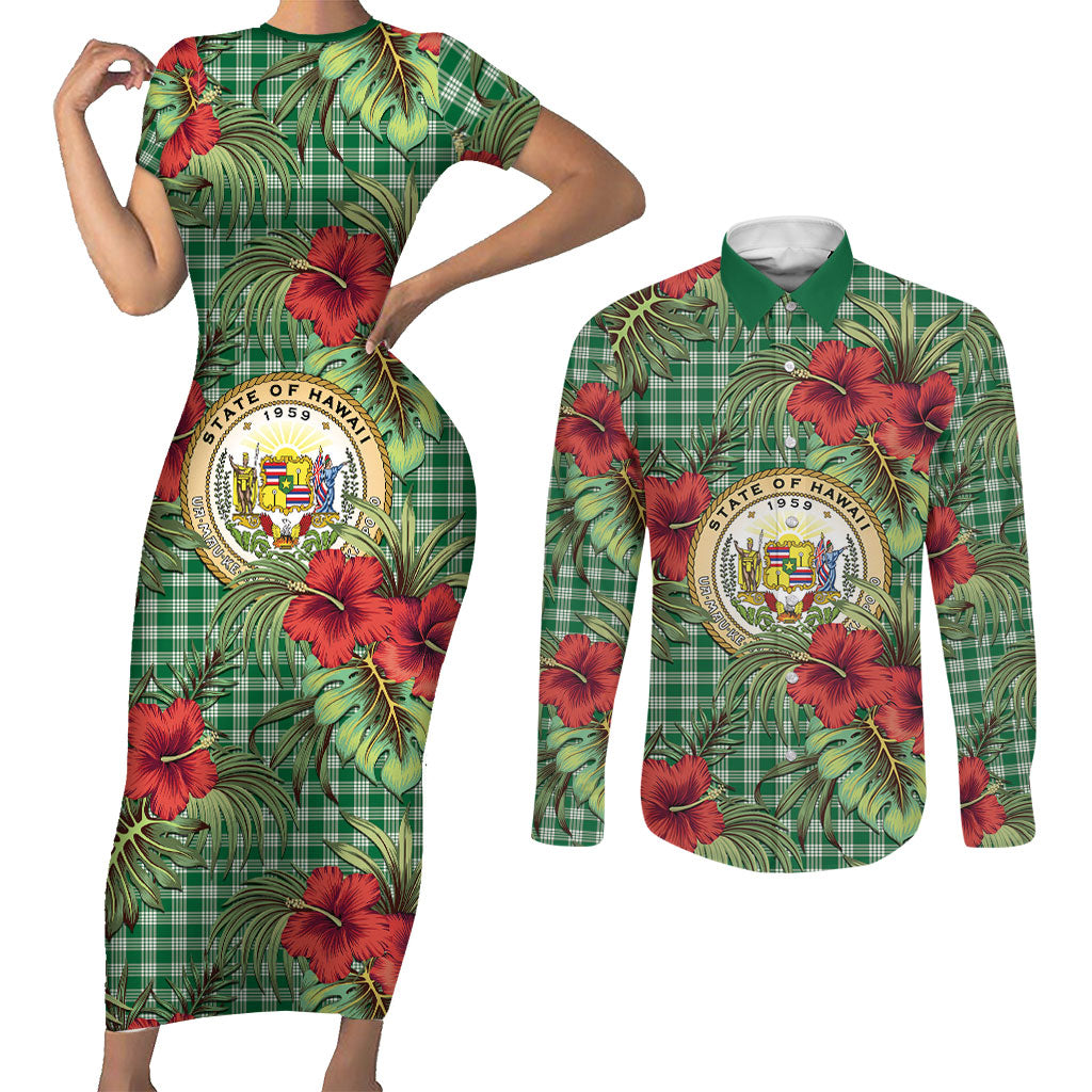 Vintage Hawaii Hibiscus Palaka Couples Matching Short Sleeve Bodycon Dress and Long Sleeve Button Shirt Green Color