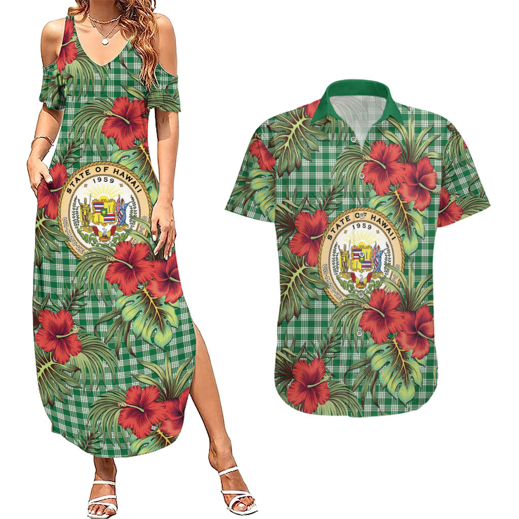 Vintage Hawaii Hibiscus Palaka Couples Matching Summer Maxi Dress and Hawaiian Shirt Green Color