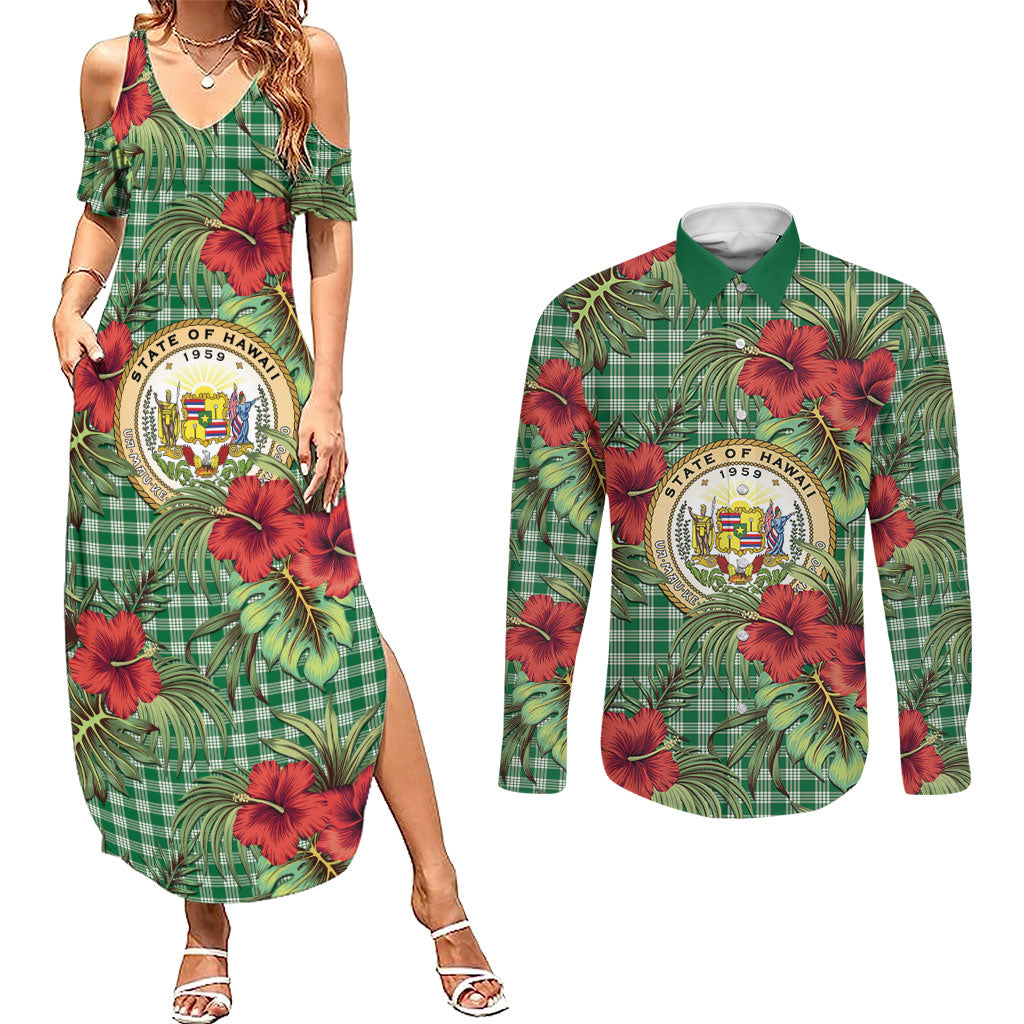 Vintage Hawaii Hibiscus Palaka Couples Matching Summer Maxi Dress and Long Sleeve Button Shirt Green Color