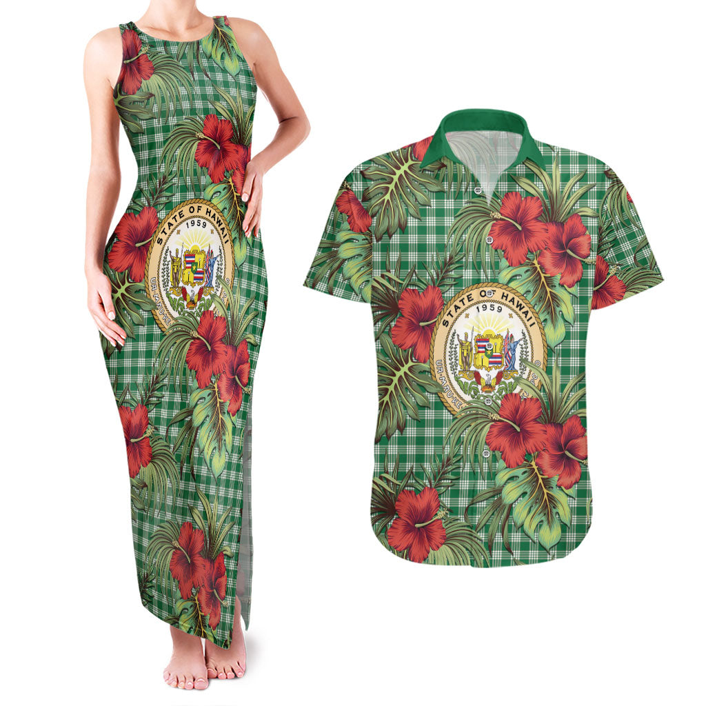 Vintage Hawaii Hibiscus Palaka Couples Matching Tank Maxi Dress and Hawaiian Shirt Green Color