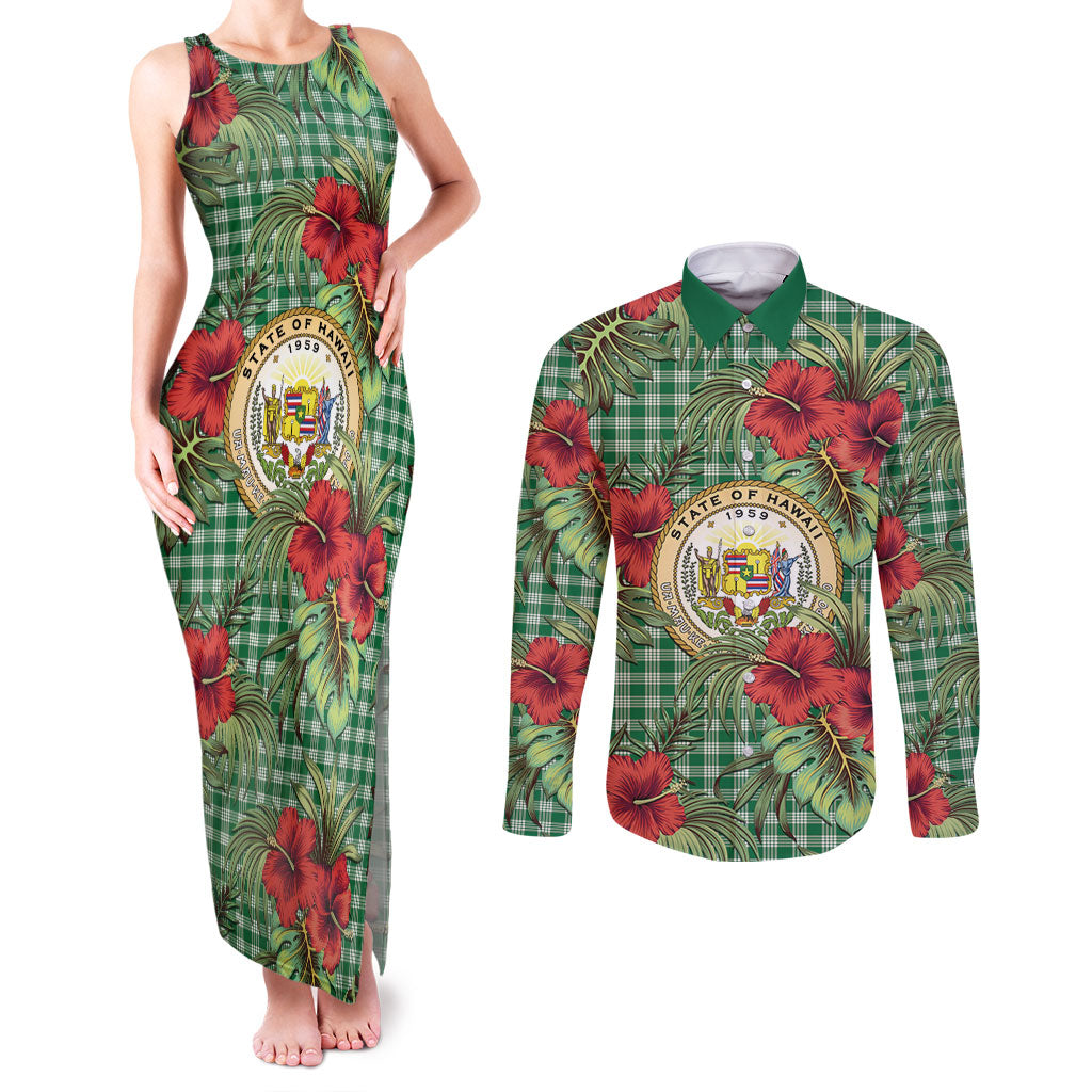Vintage Hawaii Hibiscus Palaka Couples Matching Tank Maxi Dress and Long Sleeve Button Shirt Green Color