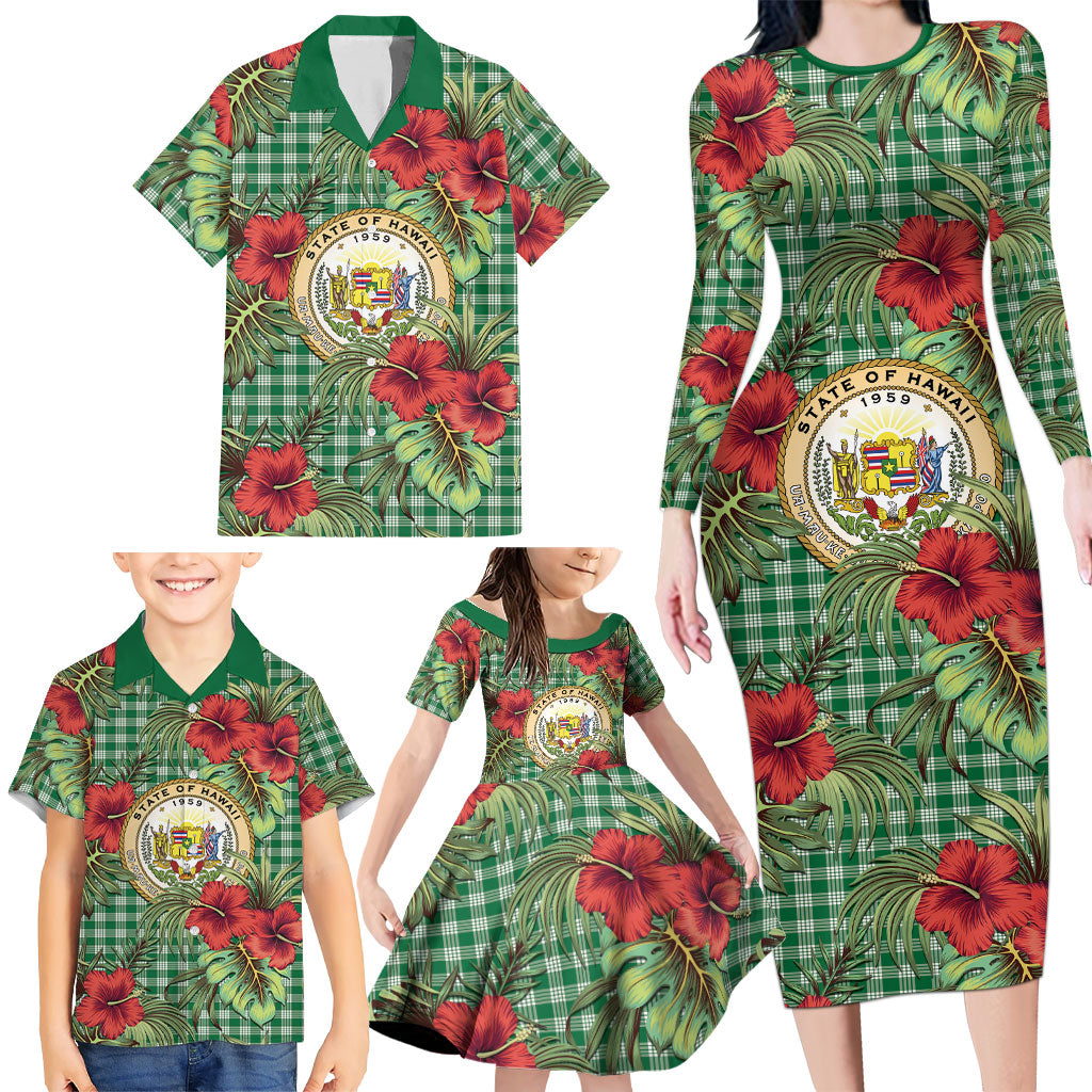 Vintage Hawaii Hibiscus Palaka Family Matching Long Sleeve Bodycon Dress and Hawaiian Shirt Green Color