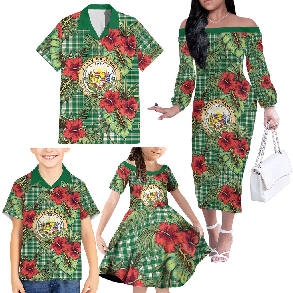 Vintage Hawaii Hibiscus Palaka Family Matching Off The Shoulder Long Sleeve Dress and Hawaiian Shirt Green Color