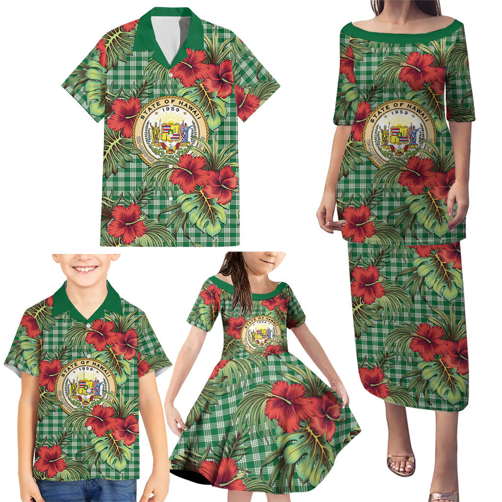 Vintage Hawaii Hibiscus Palaka Family Matching Puletasi and Hawaiian Shirt Green Color