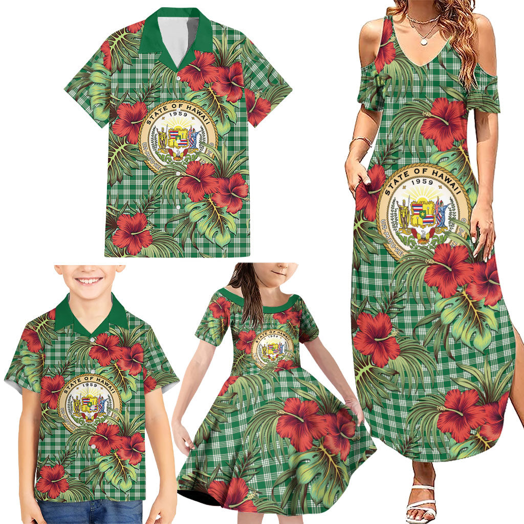 Vintage Hawaii Hibiscus Palaka Family Matching Summer Maxi Dress and Hawaiian Shirt Green Color