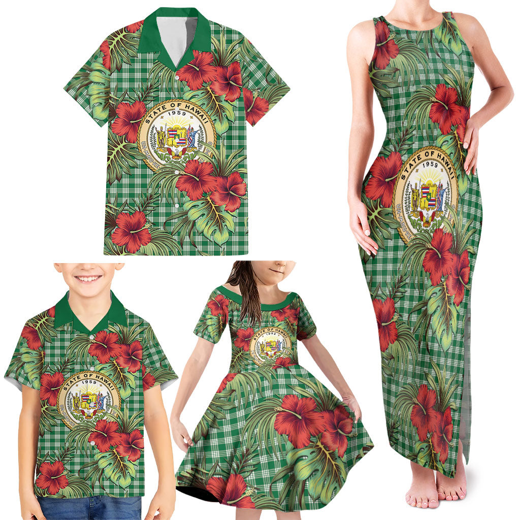 Vintage Hawaii Hibiscus Palaka Family Matching Tank Maxi Dress and Hawaiian Shirt Green Color