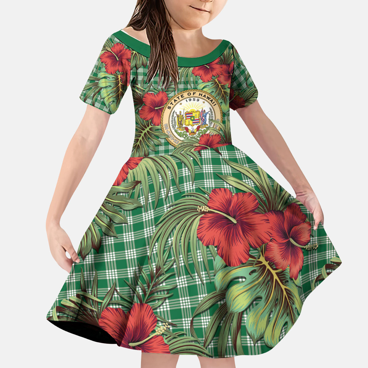 Vintage Hawaii Hibiscus Palaka Kid Short Sleeve Dress Green Color