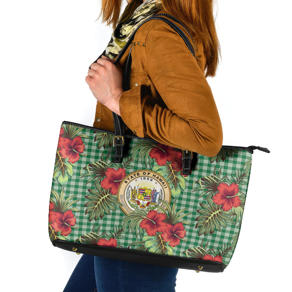 Vintage Hawaii Hibiscus Palaka Leather Tote Bag Green Color