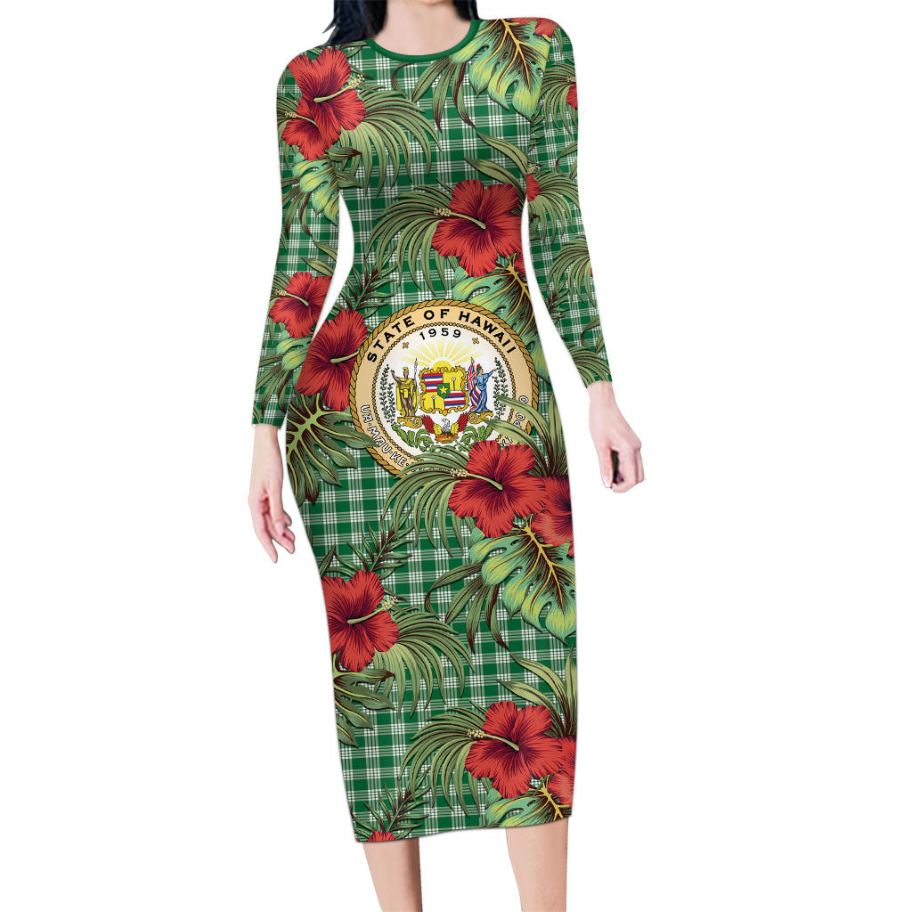 Vintage Hawaii Hibiscus Palaka Long Sleeve Bodycon Dress Green Color