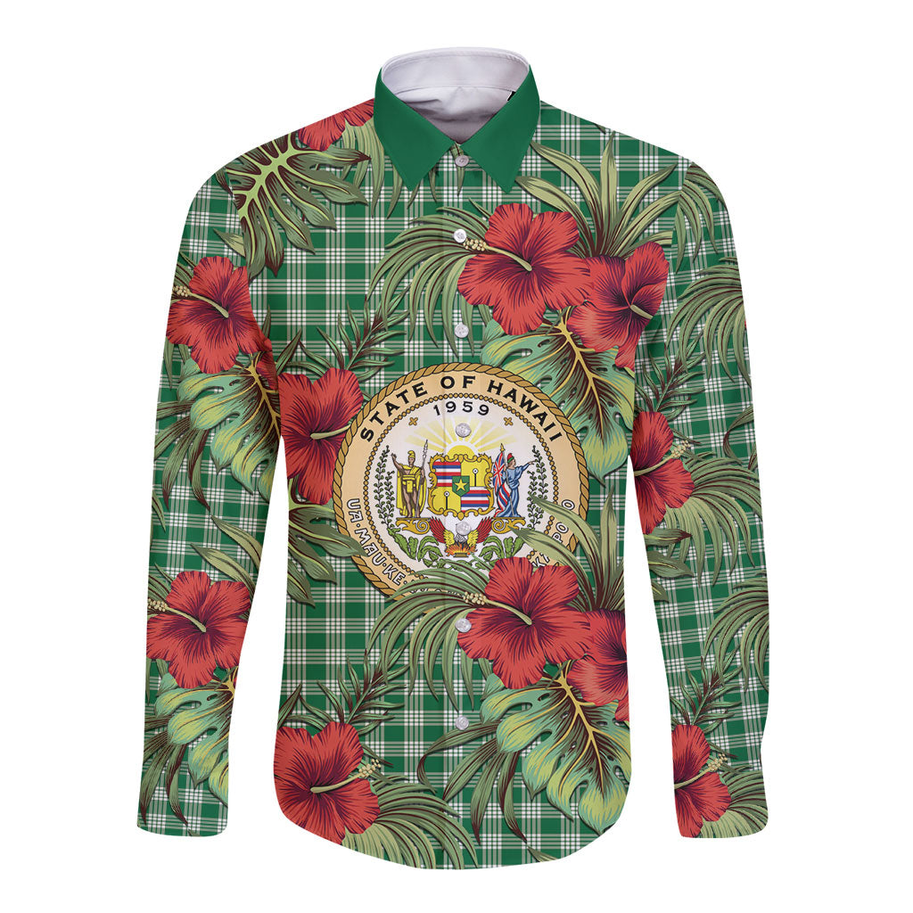 Vintage Hawaii Hibiscus Palaka Long Sleeve Button Shirt Green Color