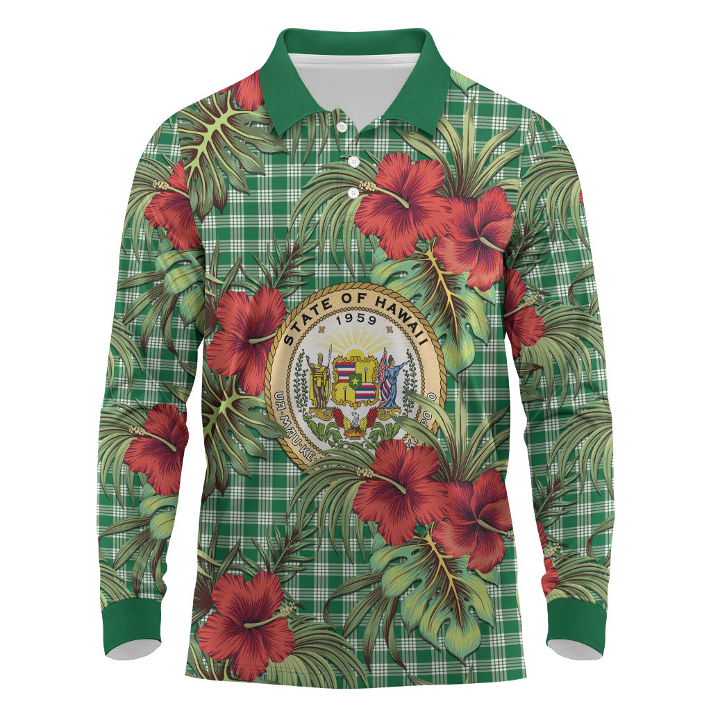 Vintage Hawaii Hibiscus Palaka Long Sleeve Polo Shirt Green Color