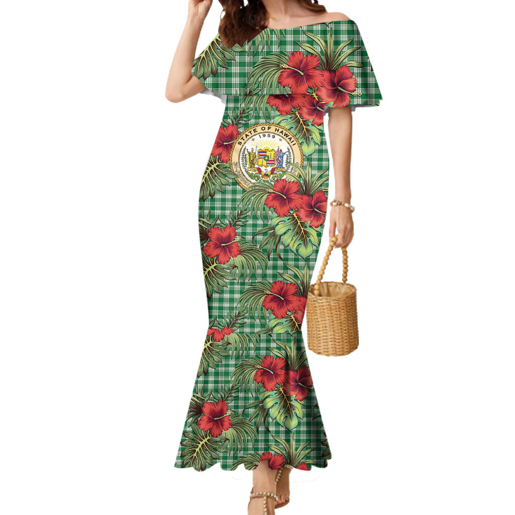 Vintage Hawaii Hibiscus Palaka Mermaid Dress Green Color