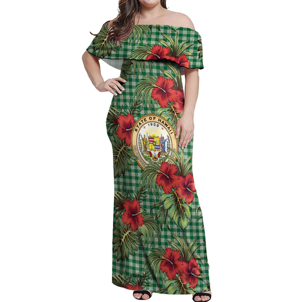 Vintage Hawaii Hibiscus Palaka Off Shoulder Maxi Dress Green Color