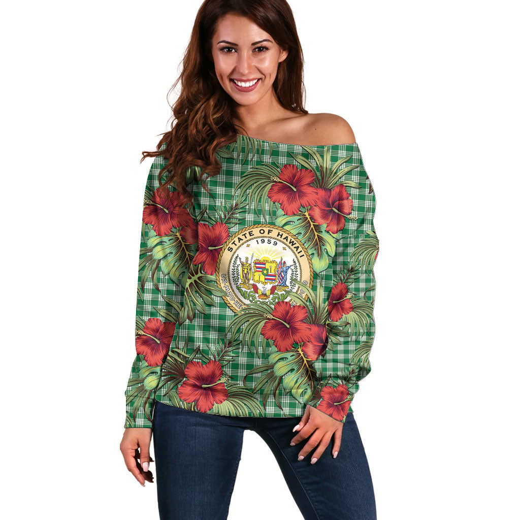 Vintage Hawaii Hibiscus Palaka Off Shoulder Sweater Green Color