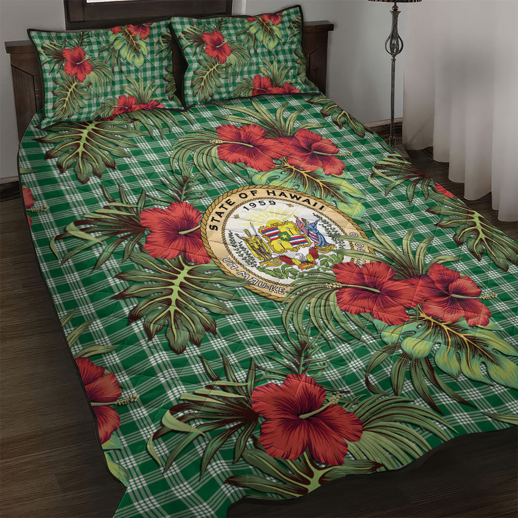 Vintage Hawaii Hibiscus Palaka Quilt Bed Set Green Color