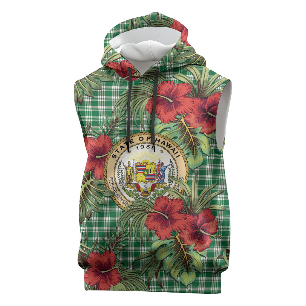 Vintage Hawaii Hibiscus Palaka Sleeveless Hoodie Green Color