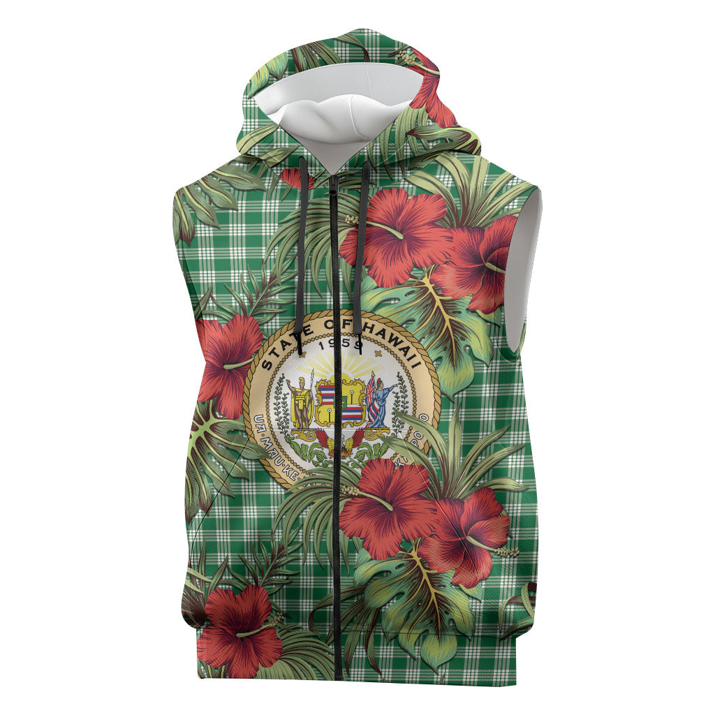 Vintage Hawaii Hibiscus Palaka Sleeveless Zip Hoodie Green Color